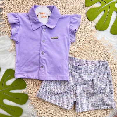 Conj. Camisa com Botões e Short Tweed - Lilás